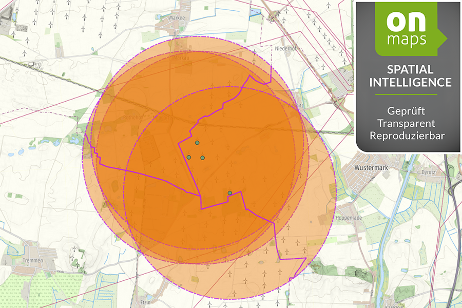 Karte zur EEG §6 Berechnung mit geprüften Pufferflächen und onmaps-Gütesiegel