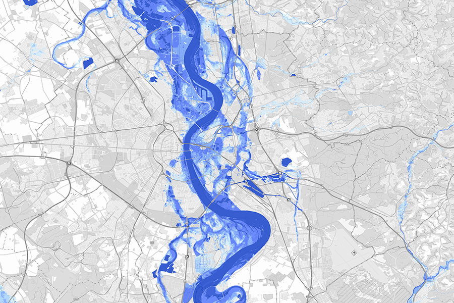 Karte von Köln mit Hochwasserrisikogebieten, farblich markierte Überschwemmungsflächen entlang des Rheins und seiner Nebenflüsse