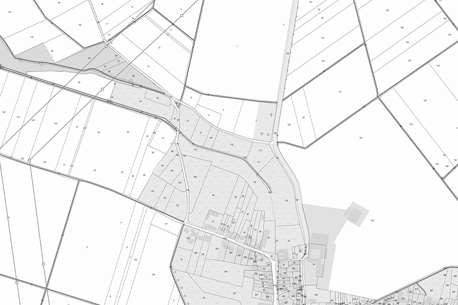 ALKIS-Kartendarstellung mit Flurstücksgrenzen und Flurnummern in schwarz-weißer Darstellung.