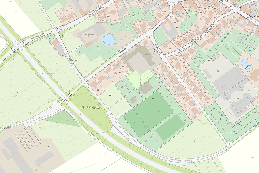 Moderne ALKIS-Kartendarstellung einer Ortschaft mit dezenten Farben, Gebäuden, Straßen und Flurstücksgrenzen.