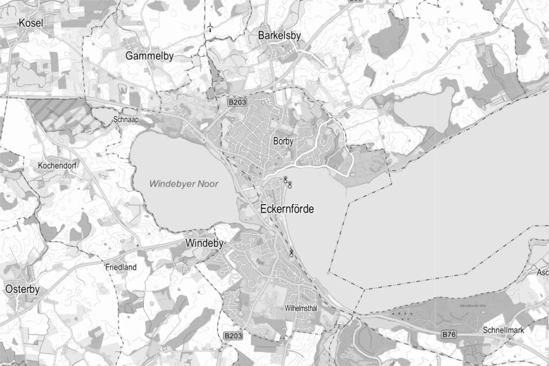 Karte von Eckernförde mit verschiedenen Inhalten zur Vegetation und Siedlungsbereichen