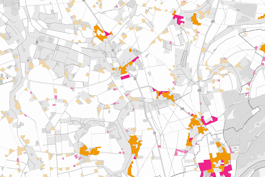 Detailkarte mit Ortslagen im Innen- und Außenbereich basierend auf ATKIS-Daten, farblich markierte Siedlungsgebiete