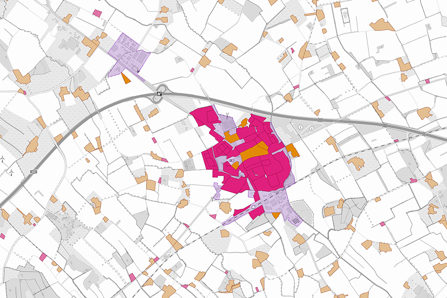 Detailkarte mit Ortslagen im Innen- und Außenbereich basierend auf ATKIS-Daten, farblich markierte Siedlungsgebiete