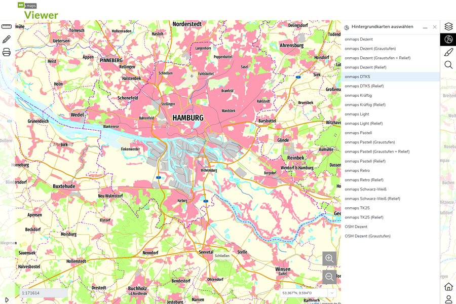 DTK5-Karte von Hamburg mit geöffneter Auswahl verschiedener Hintergrundkarten