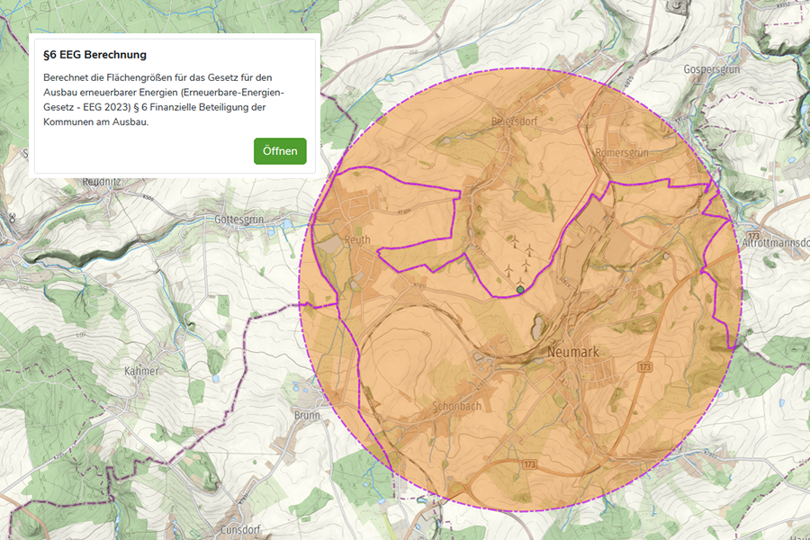 Karte mit markiertem Pufferbereich und Infofenster zur EEG §6 Flächenberechnung bei Neumark