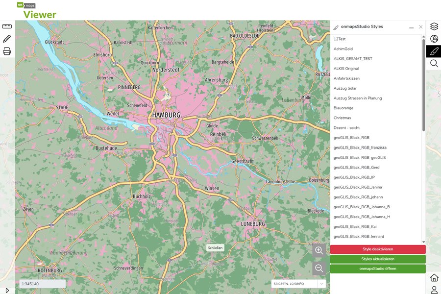 Kartendarstellung von Hamburg mit geöffneter Studio-Ansicht zur Auswahl verschiedener gespeicherter Karten