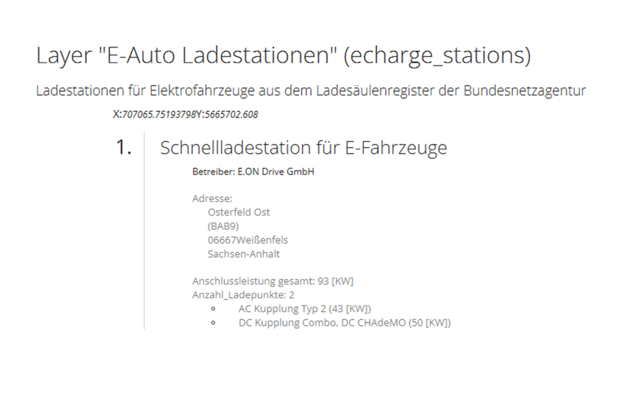 Abfrageergebnis einer GetFeatureInfo-Anfrage für eine E-Ladestation