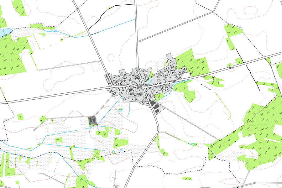 OSM Karte im TK25-Layout mit detaillierter Darstellung von Straßen, Gebäuden, Höhenlinien und Waldflächen.