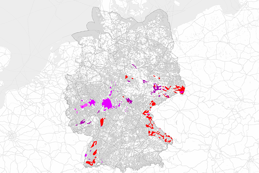 Karte der vulkanischen Gesteine in Deutschland, zeigt die geographische Verteilung ehemaliger und aktiver vulkanischer Gesteinsformationen.
