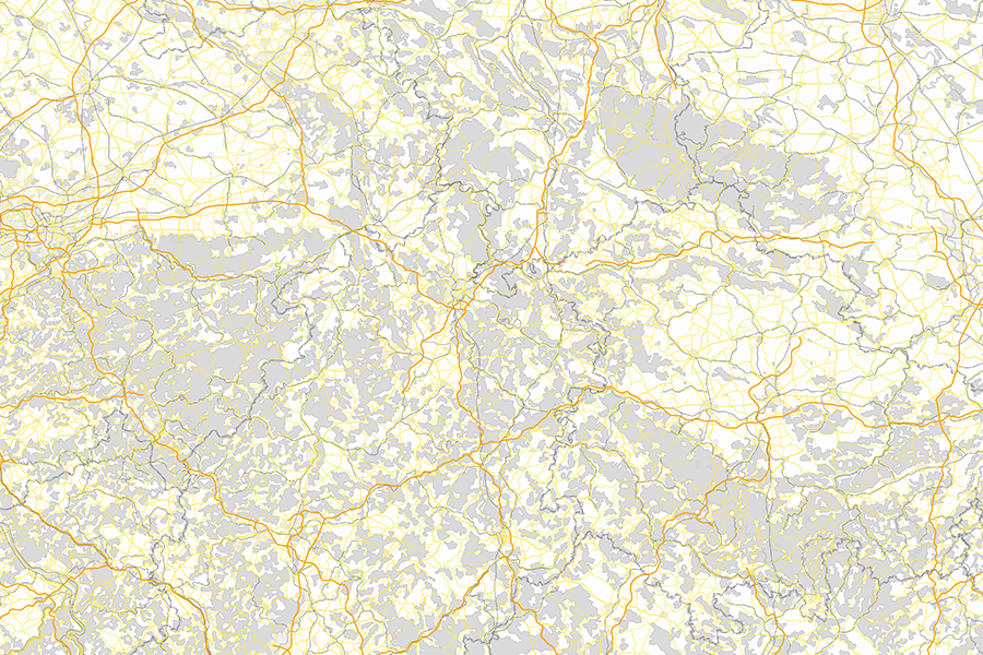 ATKIS-Karte mit Verkehrsnetz, Straßen und Wegen in Deutschland, dargestellt in gelben und orangefarbenen Linien