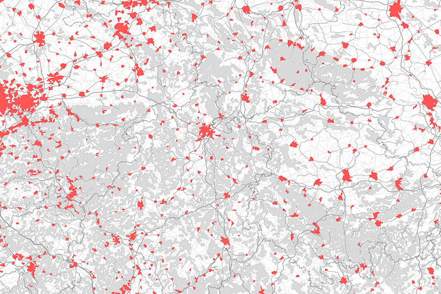 Karte mit Siedlungsgebieten in Deutschland basierend auf ATKIS-Daten, rot markierte Städte und Ortschaften