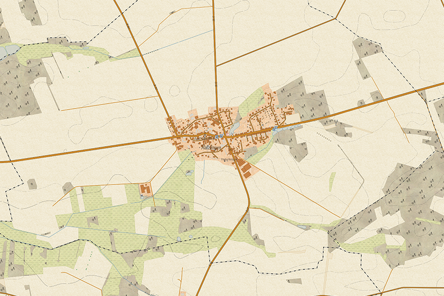 OpenStreetMap-Karte im historischen Stil mit klassischen Farben, handgezeichnet wirkenden Linien und traditionellen Kartenelementen.