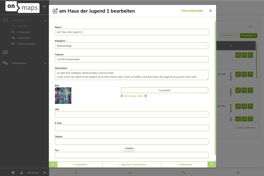 Geöffneter Standort im Produkt HQ mit angezeigtem Beispielbild und Eingabefeldern zur Datenerfassung