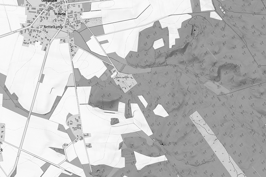 OpenStreetMap-Karte in Graustufen mit DGM 1 Höhenschummerung zur Darstellung von Geländeformen und Höhenstrukturen.