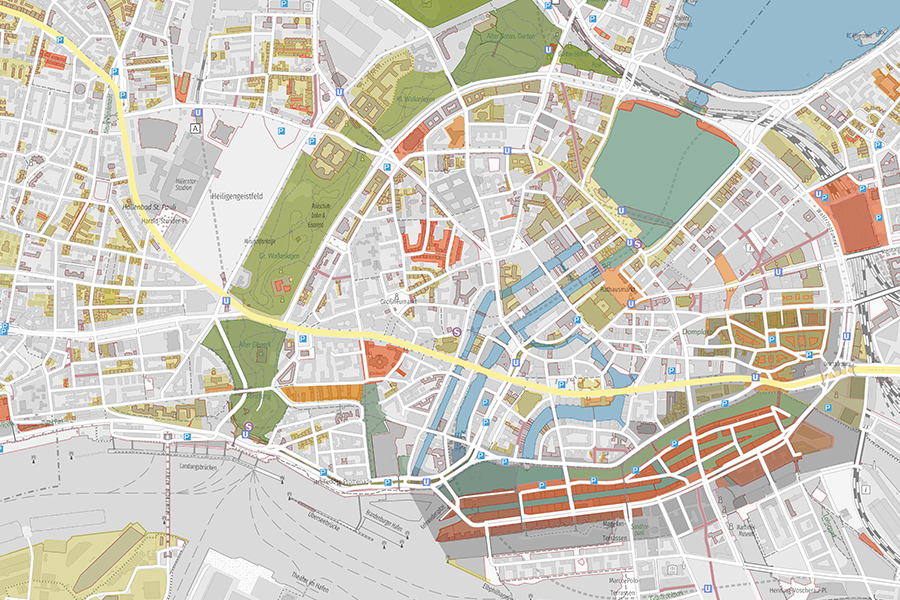 Karte der Stadt Hamburg mit farblich hervorgehobenen Denkmalflächen, überlagert auf einem dezenten Stadtplan mit Straßennamen und Gebäudestrukturen.