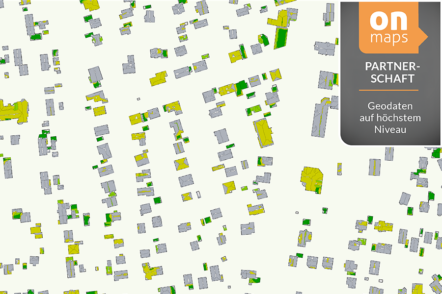 Darstellung der Eignung von Dachflächen für Gründächer – farbliche Klassifikation von Gebäuden nach Eignungskategorien.