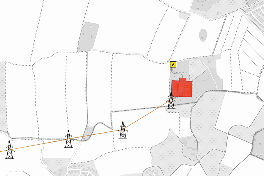 Karte des Hochspannungs-Stromnetzes in Deutschland mit markierten Strommasten, zeigt die Verteilung und Infrastruktur der Übertragungsleitungen