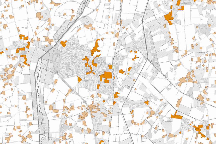 Detailkarte mit Ortslagen im Innen- und Außenbereich basierend auf ATKIS-Daten, farblich markierte Siedlungsgebiete