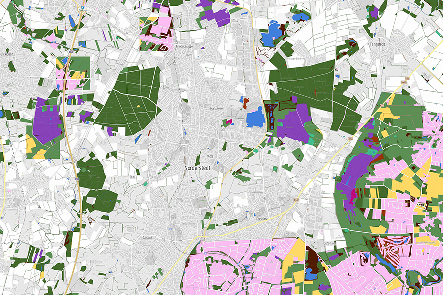 Biotopkartierung auf grauer Karte im Grenzbereich von Hamburg und Schleswig-Holstein