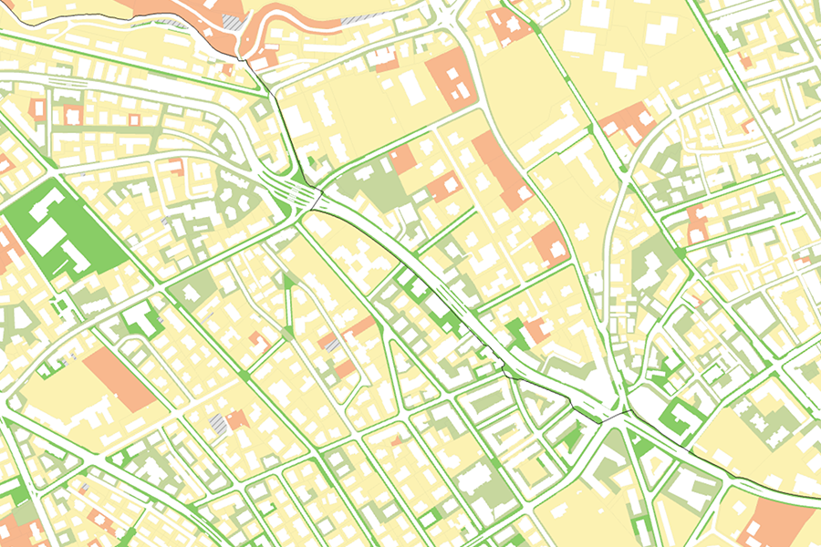 Stadtgebiet mit farblicher Darstellung von Entsiegelungsflächen ohne Legende