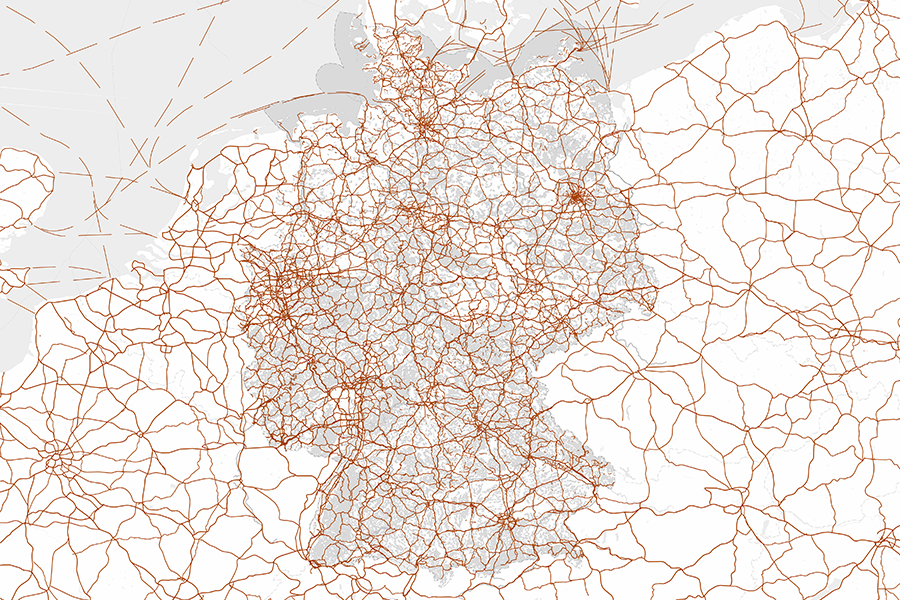Karte Deutschlands mit Verkehrsnetz basierend auf ATKIS-Daten und OSM für das europäische Ausland.