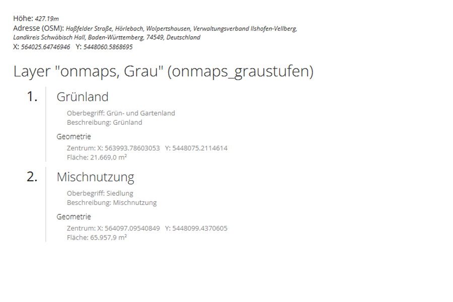 ATKIS-Datenblatt mit Höhe, Adresse, Koordinaten und Flächentypen: Grünland (21.669 m²) und Mischnutzung (65.957,9 m²).