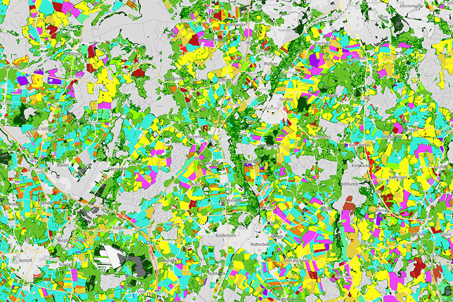 Regionale Karte bei Bordesholm mit farblich differenzierter Darstellung der landwirtschaftlich genutzten Flächen nach angebauten Feldfrüchten