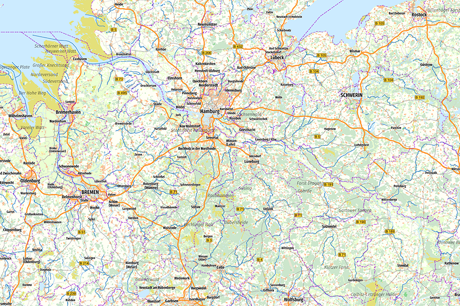 OpenStreetMap-Karte mit sanften Pastellfarben für Straßen, Städte und Landschaften.