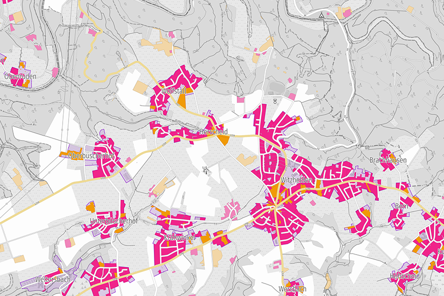 ALKIS Ortslagenanalyse mit Darstellung von Wohn- und Mischbebauung in Pink und Orange