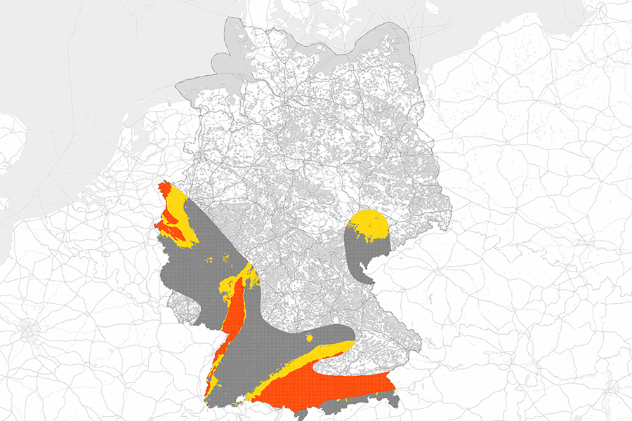Karte der geologischen Untergrundklassen Deutschlands mit verschiedenen geologischen Formationen und Bodentypen.