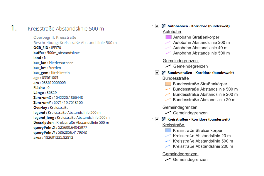 GetFeature-Abfrage einer Kreisstraße mit Attributen auf der linken Seite und Legende für ATKIS Privilegierungs-Korridore auf der rechten Seite