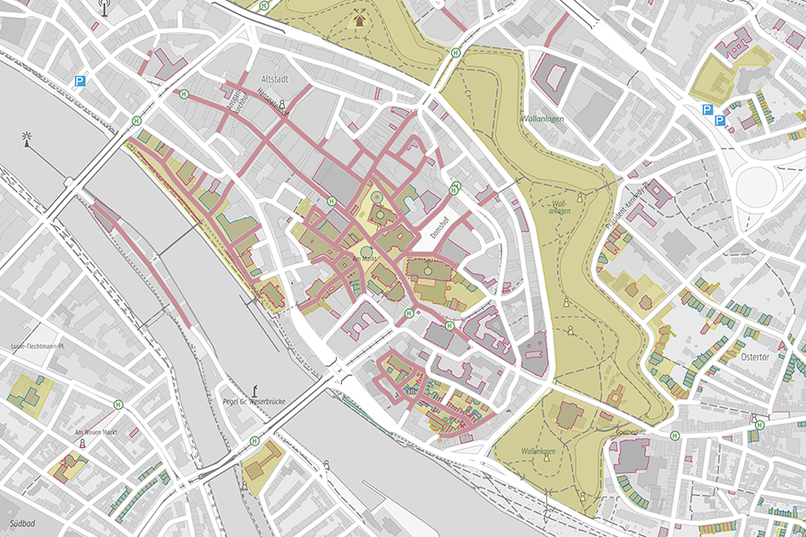 Karte von Bremen mit eingezeichneten Denkmalflächen, differenziert nach Flächentypen, dargestellt im Kontext der Stadtstruktur und Verkehrsachsen.