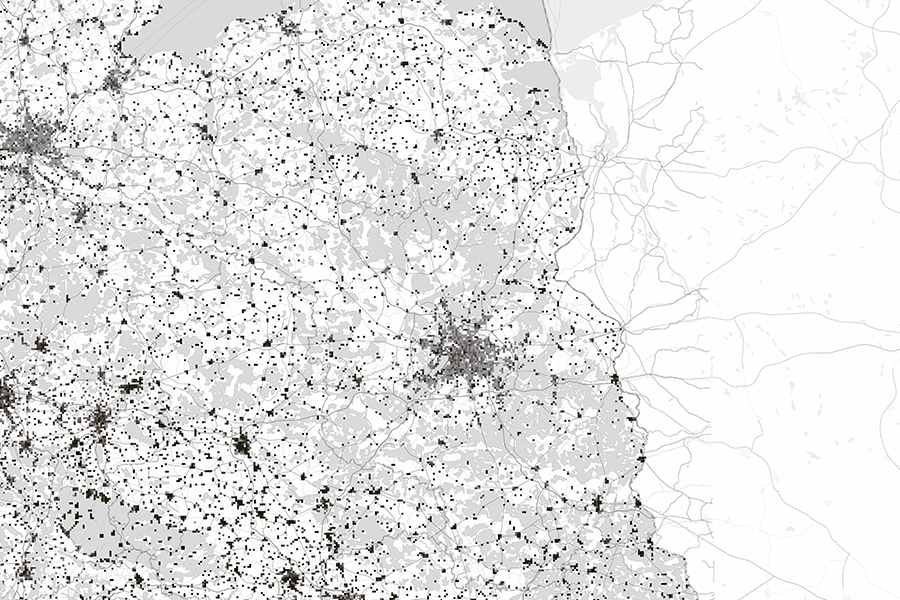 Karte Deutschlands mit Zensus 2022-Daten zur marktaktiven Leerstandquote, dargestellt im 1-km-Gitter mit Quantilverteilung.