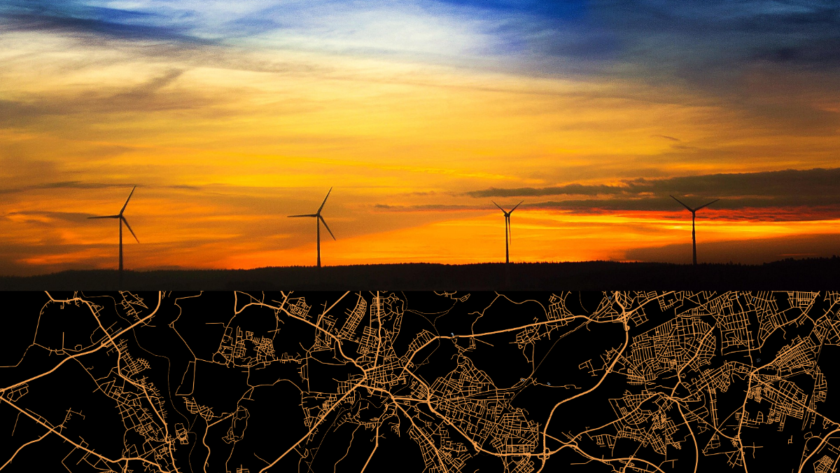 Windräder vor einem Sonnenuntergang, darunter eine schematische Straßenkarte