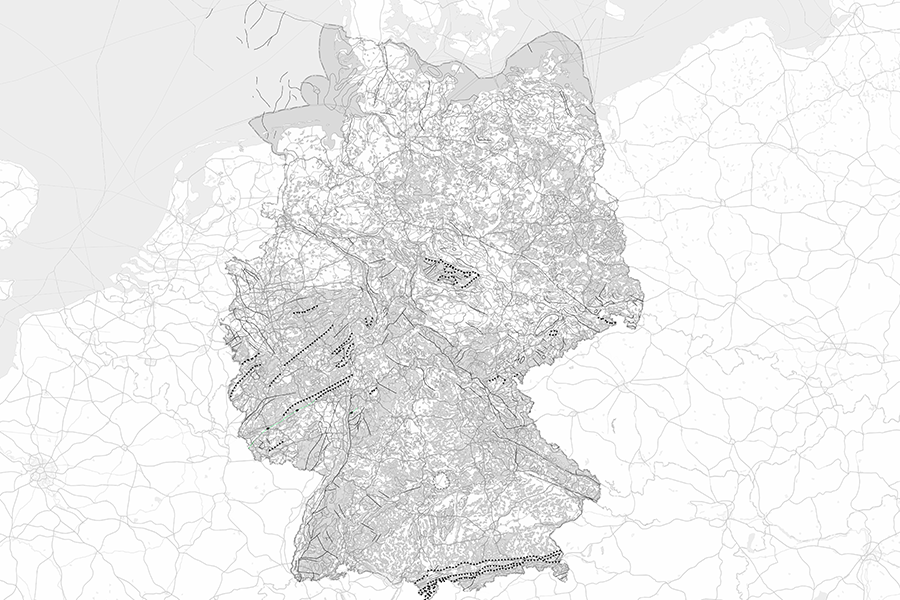 Karte der geologischen Strukturlinien in Deutschland, zeigt tektonische Verwerfungen, Falten und andere geologische Formationen