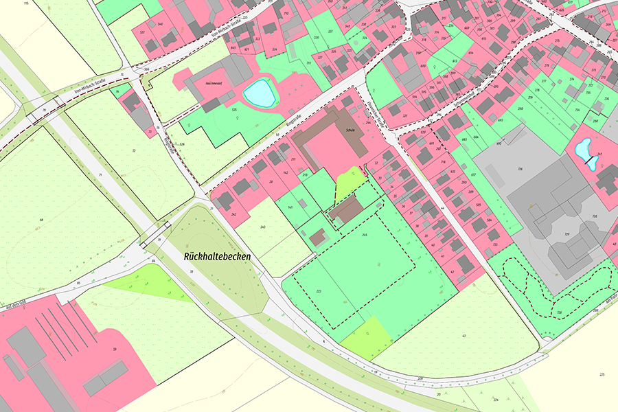 ALKIS-Kartendarstellung im Design der DTK5 mit farblich differenzierten Flächen für Gebäude, Grünflächen und Straßen