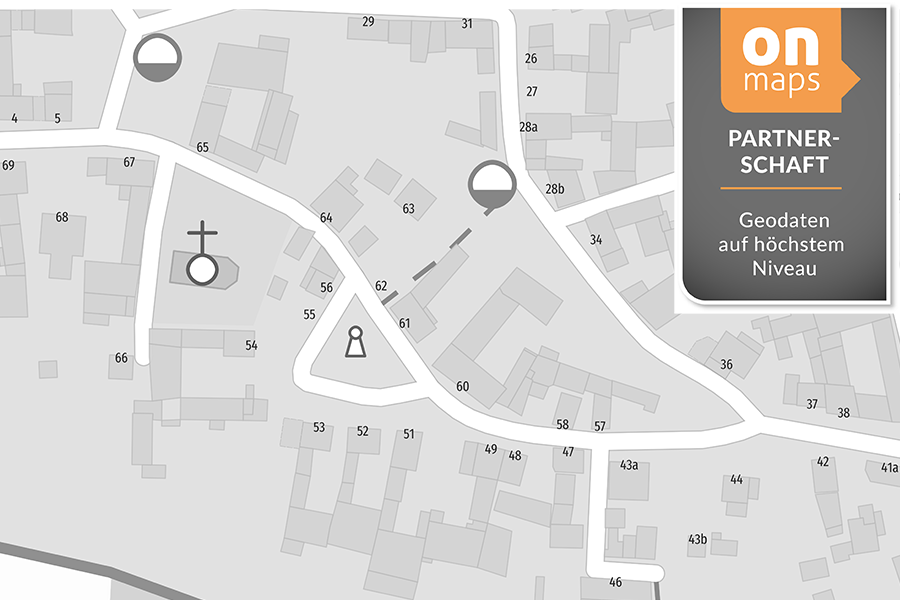 Karte mit Hausnummern der Deutschen Post, ergänzt durch ein Partner-Badge zur Kennzeichnung offizieller Datenquellen.
