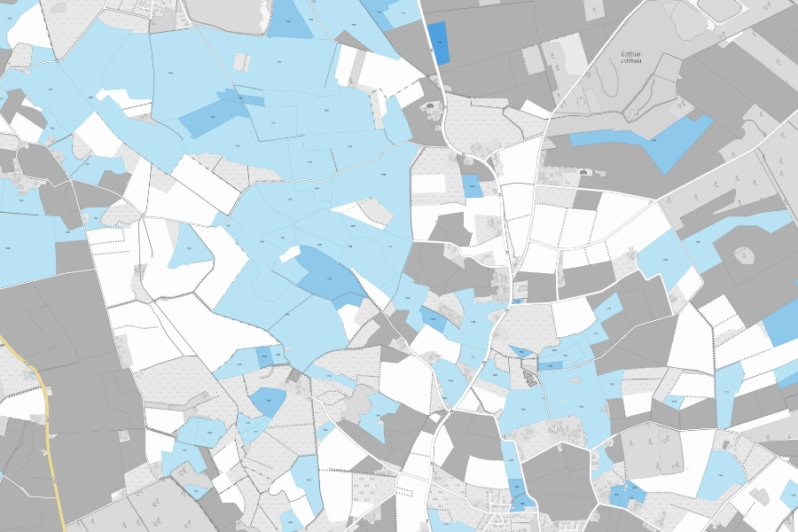 ALKIS Bodenschätzung – flächige Klassifizierung mit blauen und grauen Bodenwertstufen
