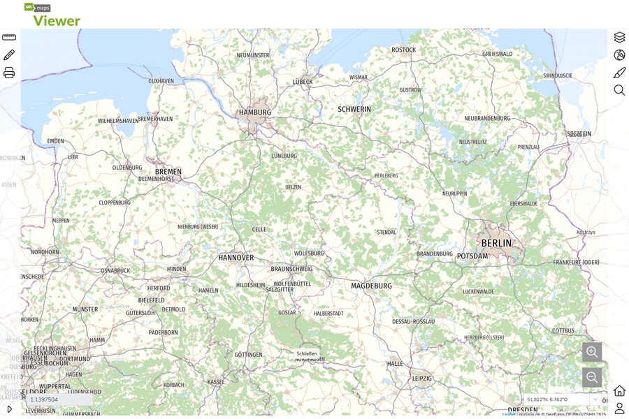 Interaktive Karte im onmaps Viewer mit Städten, Wäldern und Verkehrsnetz in Nord- und Ostdeutschland
