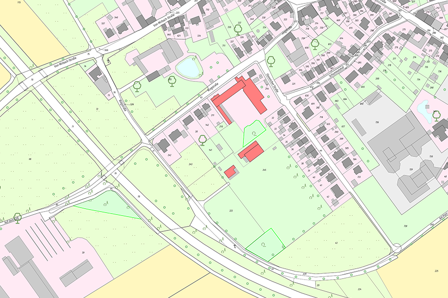 Klassische ALKIS-Kartendarstellung einer Ortschaft mit Gebäuden, Straßen und Flurstücksgrenzen.
