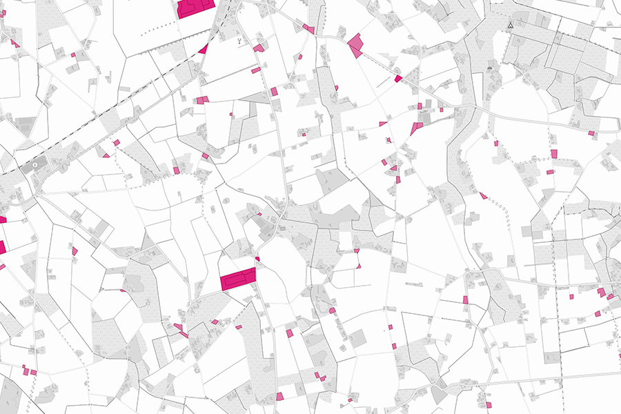 Detailkarte mit Wohnbauflächen basierend auf ATKIS-Daten, pink markierte Baugebiete im ländlichen Raum