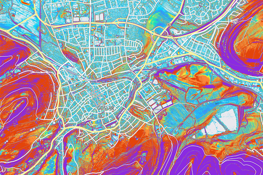 Karte der Stadt Goslar mit farblich differenzierter Darstellung der Hangneigung; steilere und flachere Geländeformen sind anhand intensiver Farbabstufungen deutlich erkennbar.