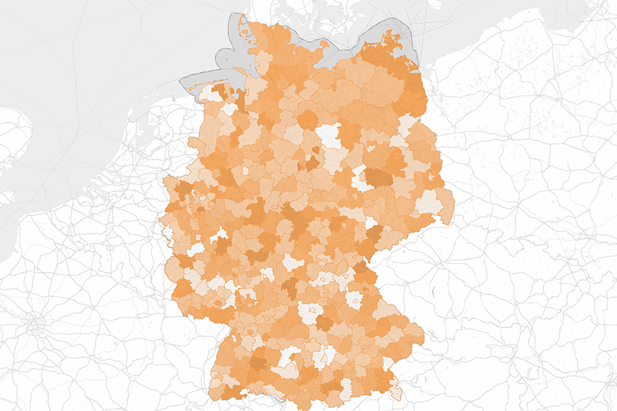 Deutschlandkarte mit farblich abgestuften Landkreisen zur Visualisierung regionaler Unterschiede