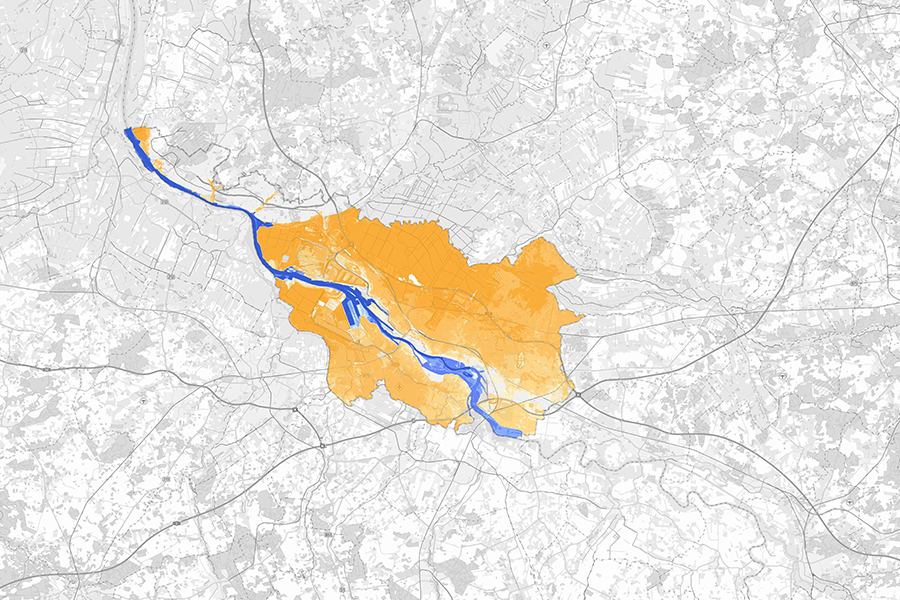 Karte von Hamburg mit Hochwasserrisikogebieten, farblich markierte Überschwemmungsflächen entlang der Wasserläufe