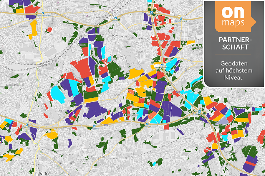 Bunte Klassifikation von Feldfrüchten in einer urbanen Umgebung bei Dortmund, dargestellt durch eine KI-gestützte Analyse.