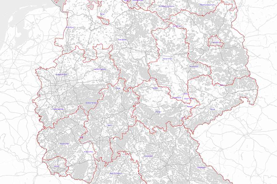 Karte Deutschlands mit Verwaltungsgrenzen der Bundesländer basierend auf ATKIS-Daten, rote Umrandung der Bundesländer