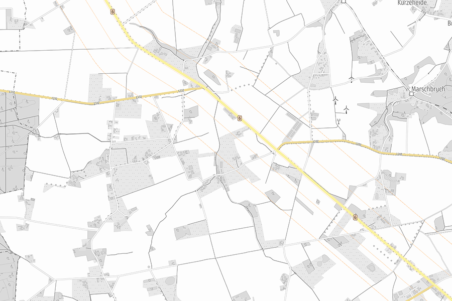 Karte mit Privilegierungs-Korridoren entlang von Bundesstraßen basierend auf ATKIS-Daten