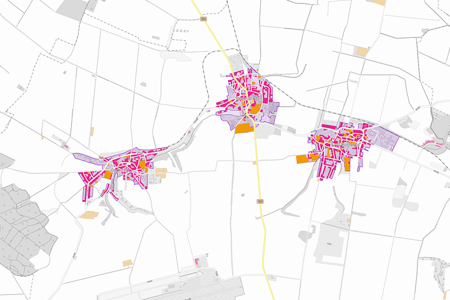 ALKIS Ortslagenanalyse mit Darstellung von Wohn- und Mischbebauung in Pink und Orange