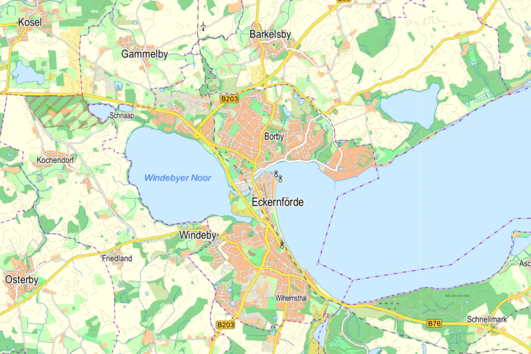 Karte von Eckernförde mit verschiedenen Inhalten zur Vegetation und Siedlungsbereichen