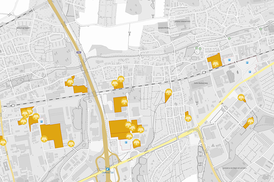 Karte mit ALKIS-Flurstücken, die durch Verschneidung mit Solaranlagen aus dem Marktstammdatenregister ermittelt wurden